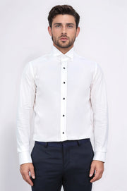 beyaz slim fit duble manşet italyan yaka smokin gömlek